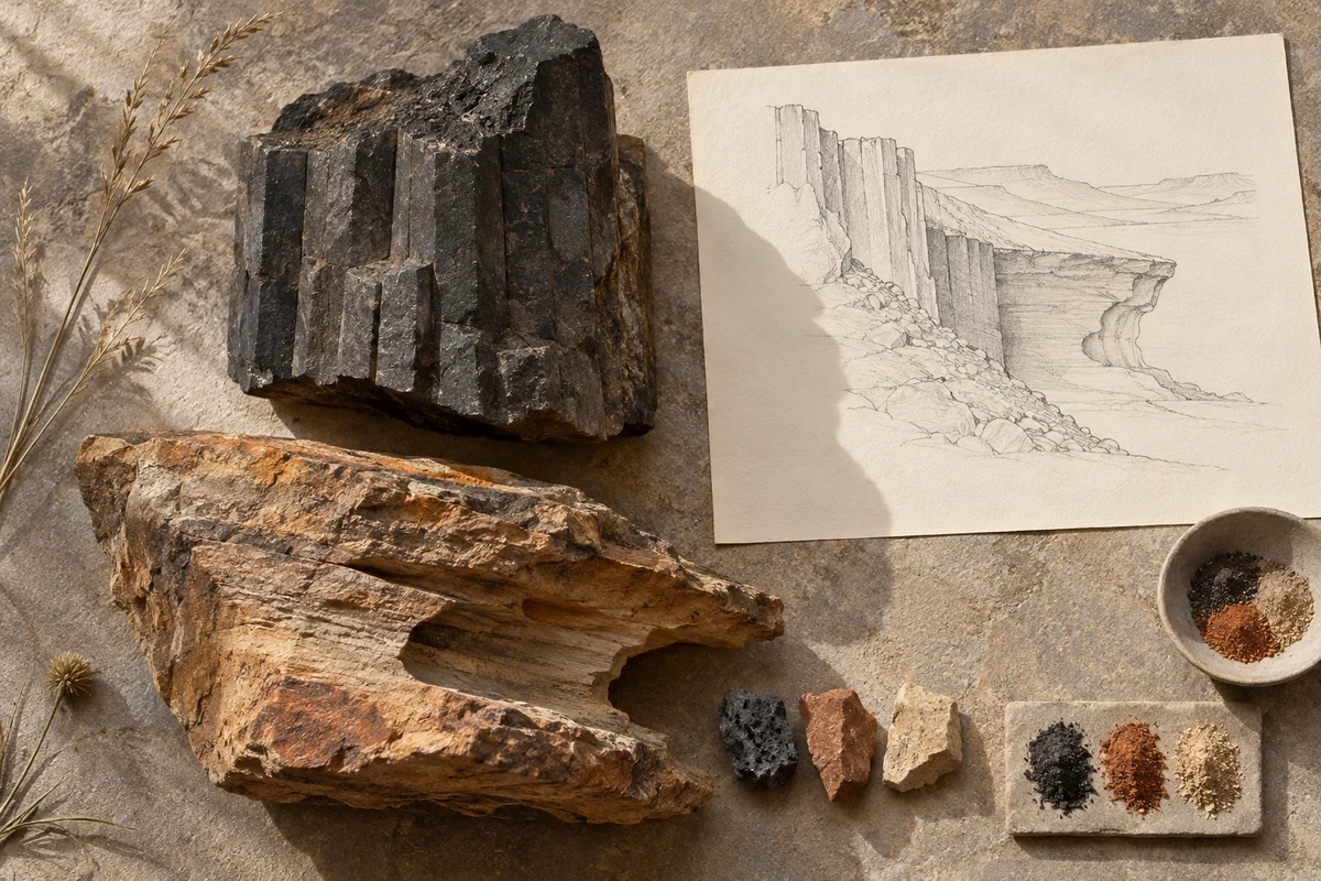 Lesotho: a tabletop material and section study exploring basalt heights & sandstone shelters.