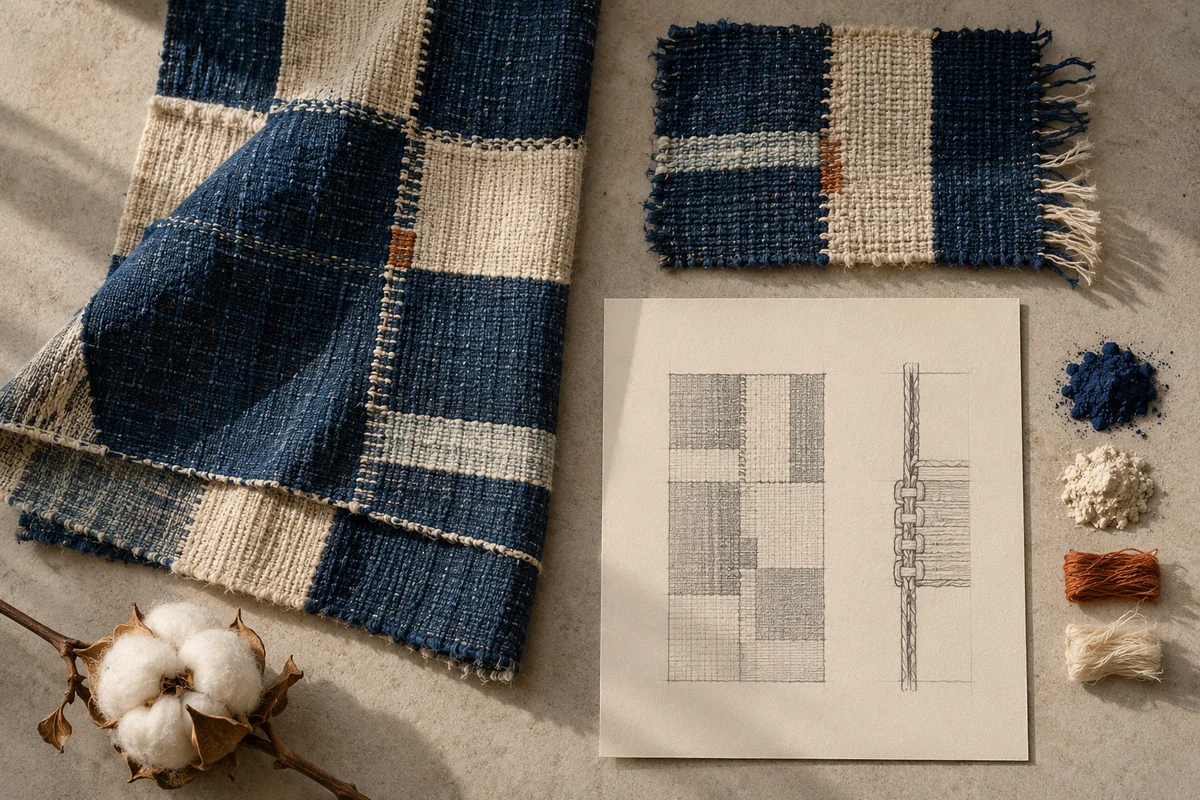Liberia: a tabletop material and section study exploring indigo cotton & joined woven strips.
