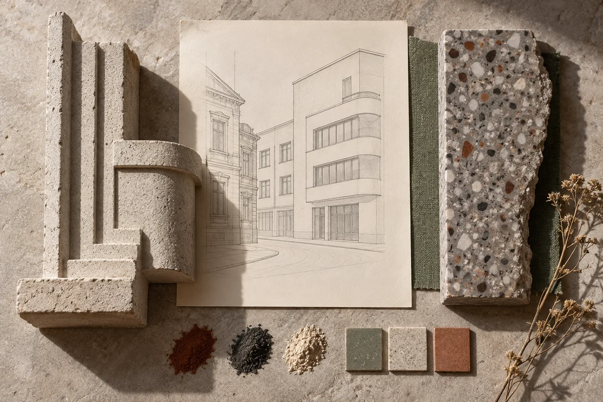 Lithuania: a tabletop material and section study exploring interwar facades & modern urban life.