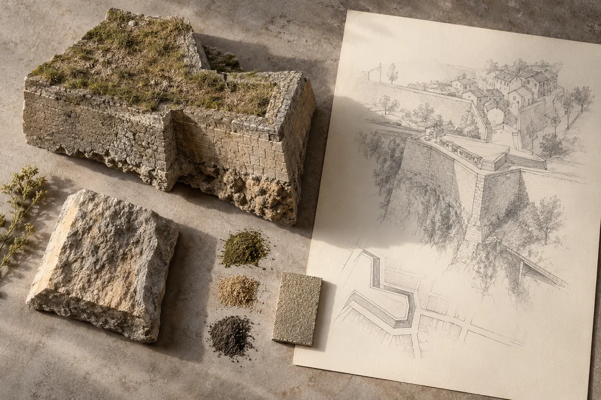 Luxembourg: a tabletop material and section study exploring fortified edges & layered defence.