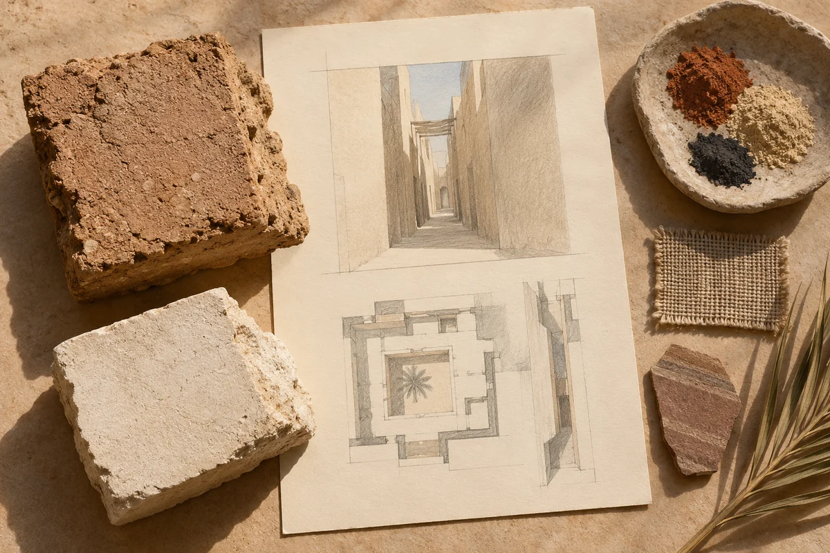 Mauritania: a tabletop material and section study exploring patio houses & caravan-town streets.
