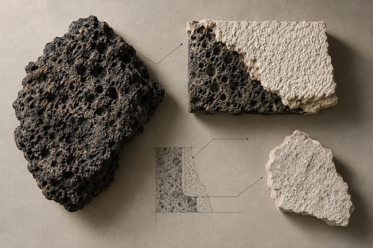 Mexico: an overhead material and section study of volcanic basalt stone (pedregal) & rough lime plaster.