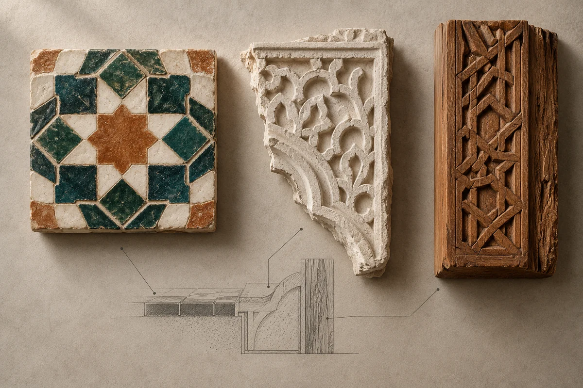 Morocco: an overhead material and section study of zellige glazed terracotta, sculpted stucco & cedarwood.