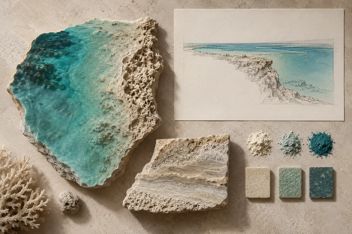 New Caledonia: a tabletop material and section study exploring lagoon gradients & reef structures.