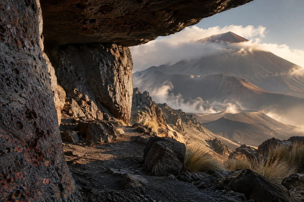 New Zealand: an imagined spatial interpretation of volcanic mountains & sacred landscape.