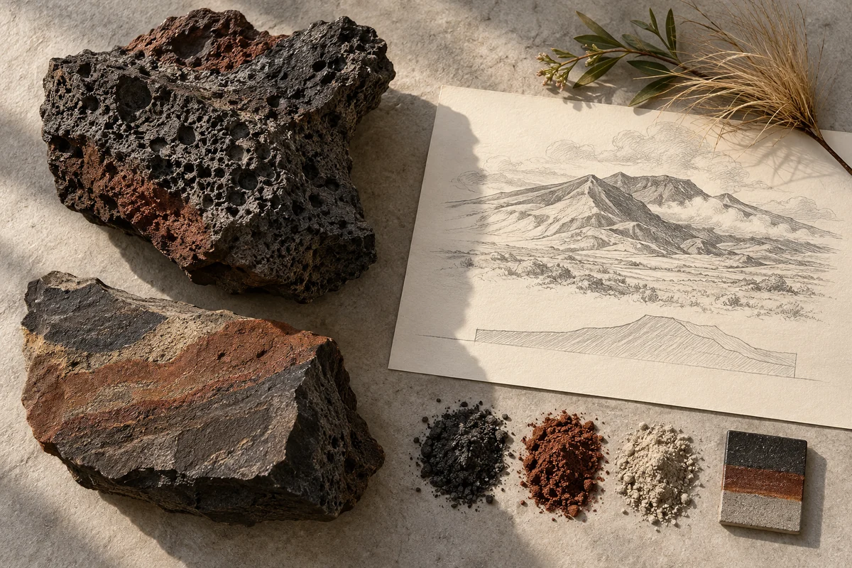 New Zealand: a tabletop material and section study exploring volcanic mountains & sacred landscape.