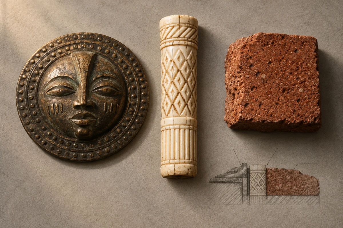 Nigeria: an overhead material and section study of cast bronze, carved ivory & laterite red mudbrick.