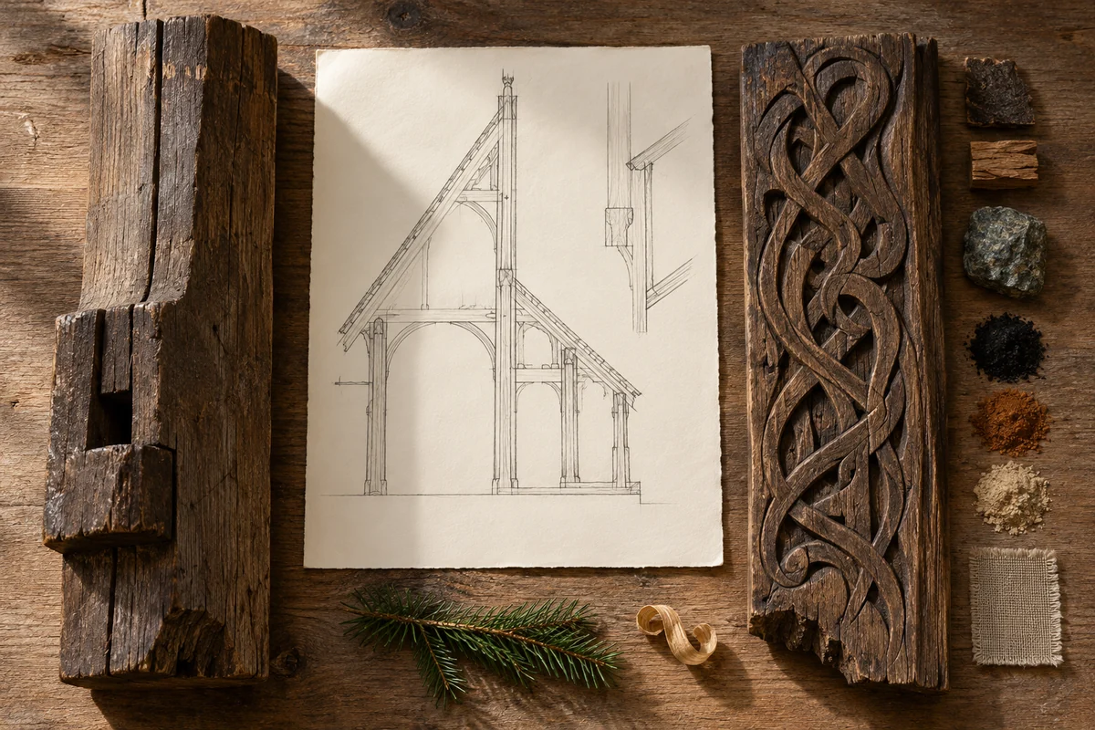 Norway: a tabletop material and section study exploring stave construction & carved timber.