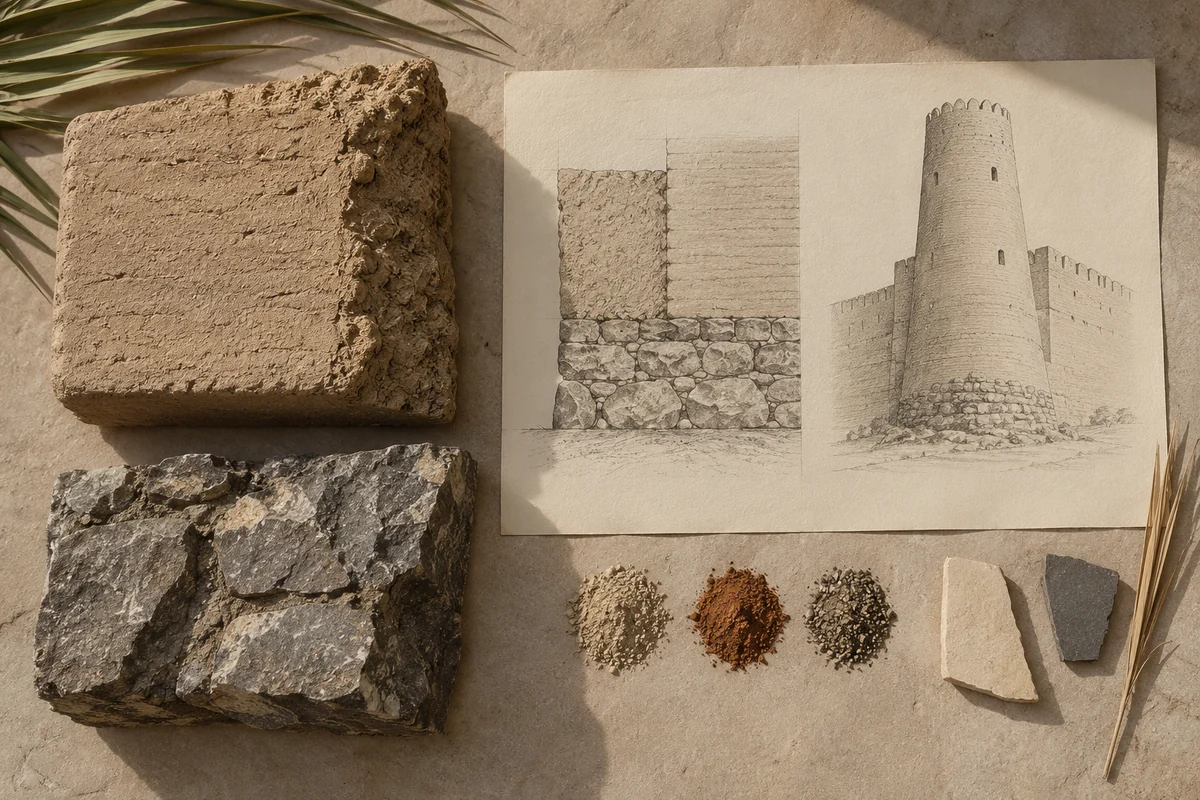 Oman: a tabletop material and section study exploring unbaked brick & stone foundations.