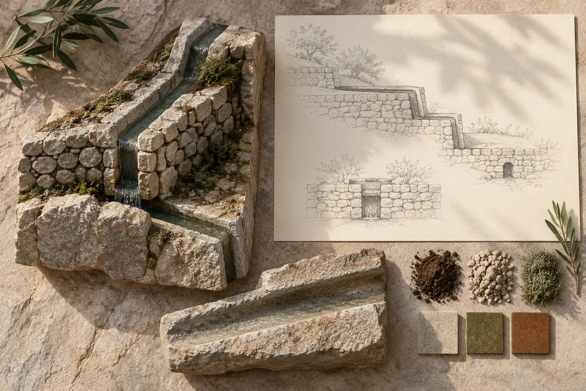 Palestine: a tabletop material and section study exploring stone terraces & shared irrigation.