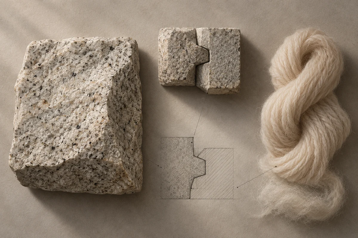 Peru: an overhead material and section study of white granite cyclopean blocks & alpaca wool.