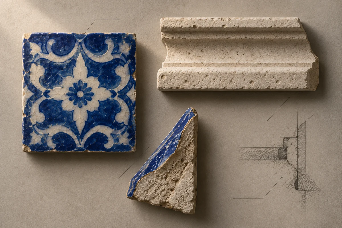 Portugal: an overhead material and section study of glazed cobalt azulejos & lioz limestone.