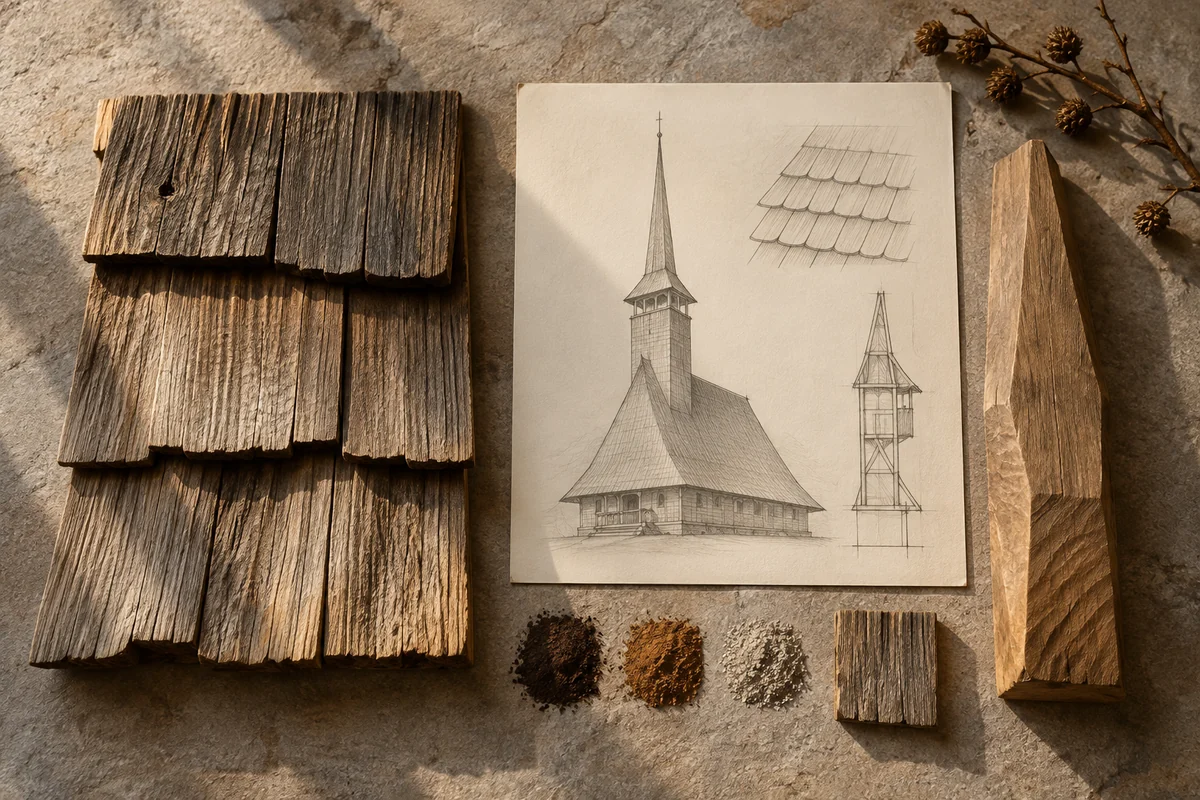 Romania: a tabletop material and section study exploring timber churches & shingled towers.
