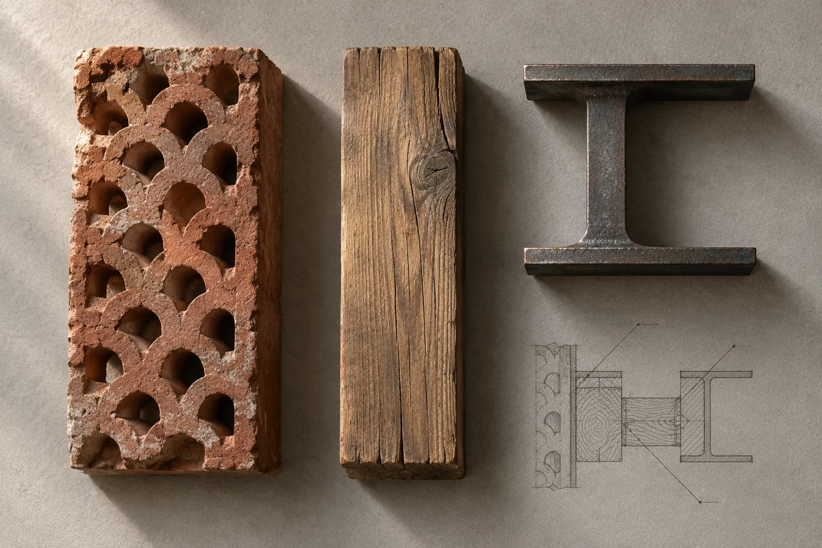 Russia: an overhead material and section study of perforated brickwork, structural timber & industrial steel.