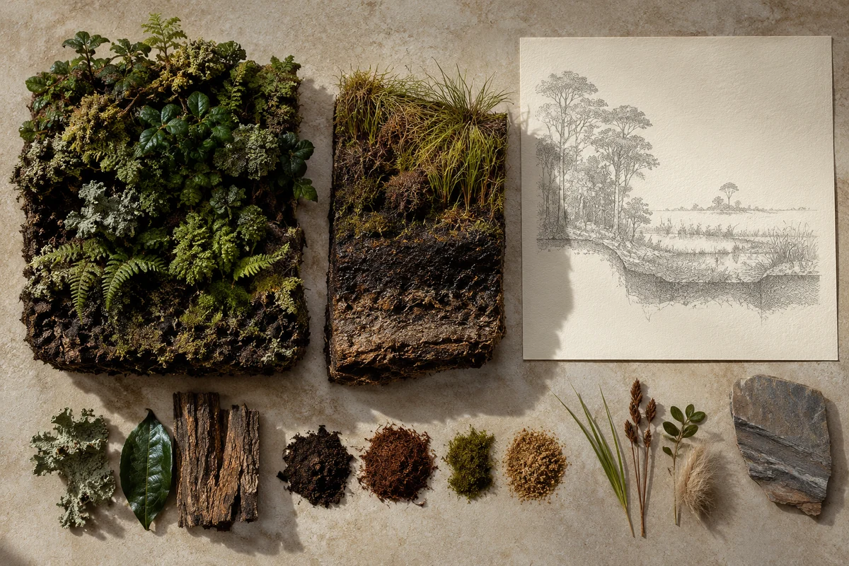 Rwanda: a tabletop material and section study exploring montane forest & peatland openings.