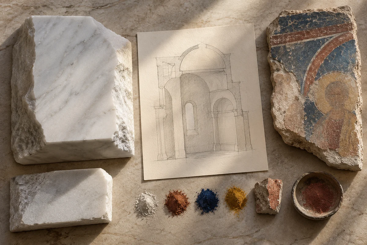 Serbia: a tabletop material and section study exploring white marble & painted interiors.