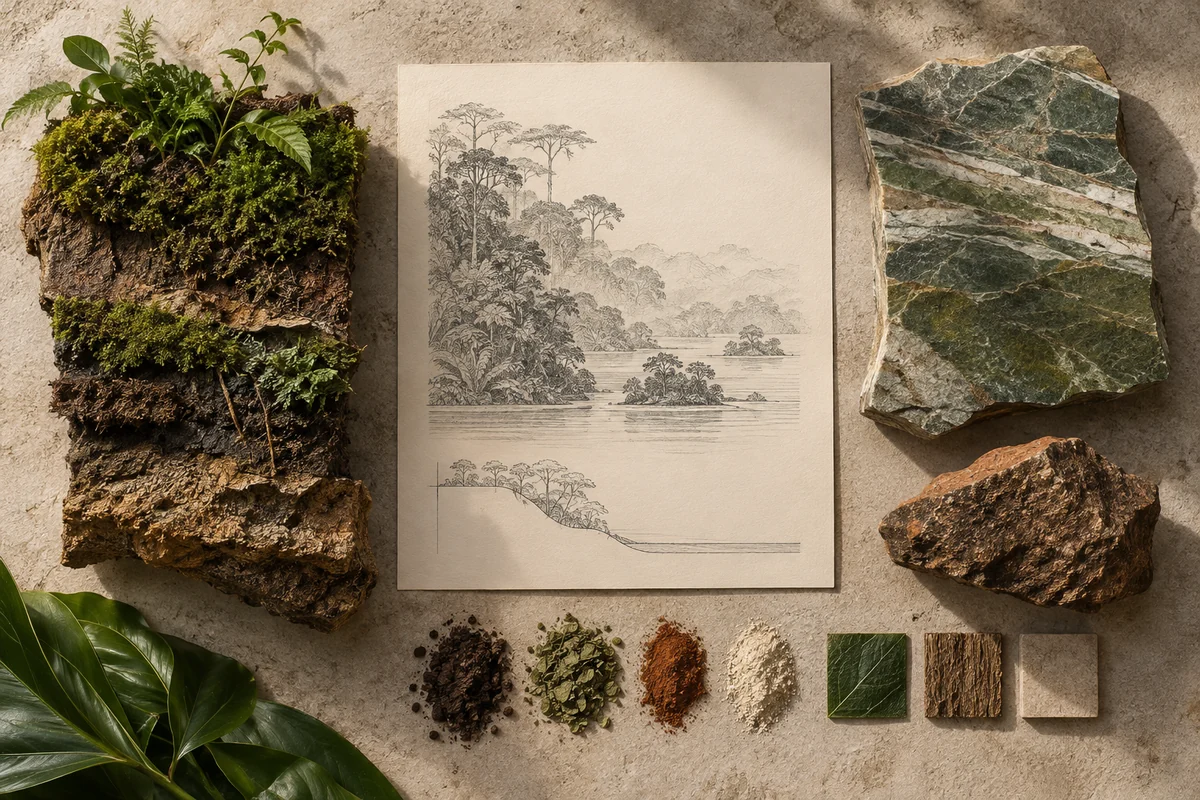 Sierra Leone: a tabletop material and section study exploring rainforest layers & river islands.