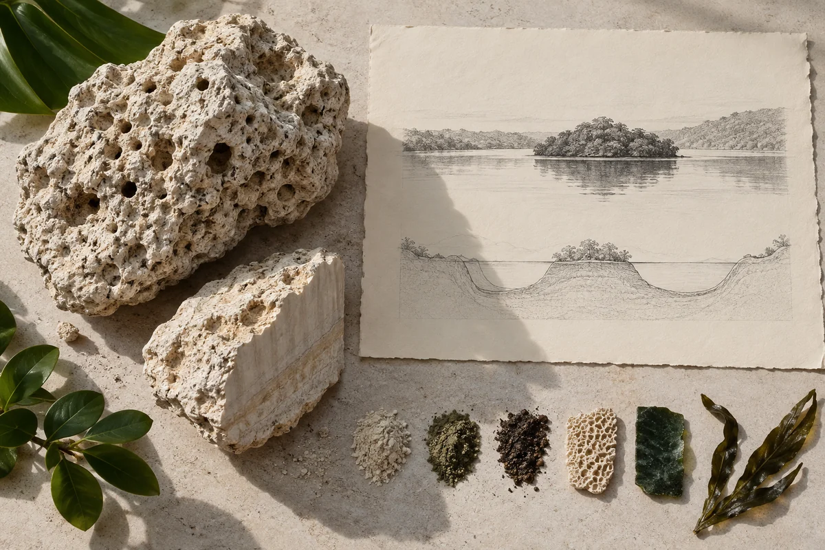 Solomon Islands: a tabletop material and section study exploring raised coral & a former lagoon.