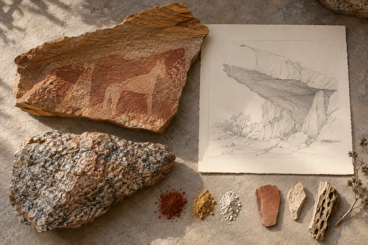 Somaliland: a tabletop material and section study exploring painted shelters & granite outcrops.