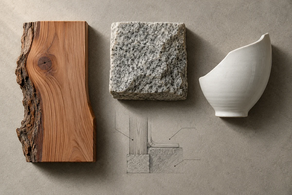 South Korea: an overhead material and section study of red pine, granite foundation stones & white porcelain.