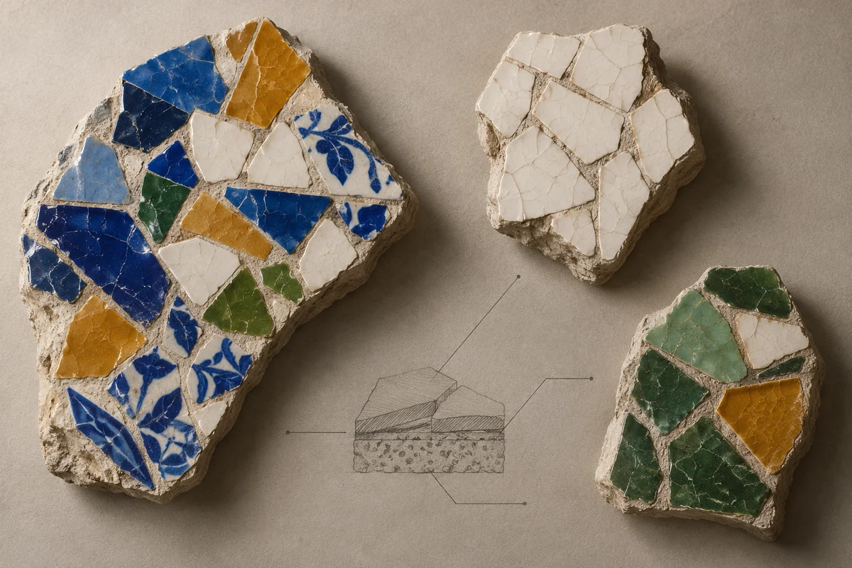 Spain: an overhead material and section study of trencadís ceramic mosaic.