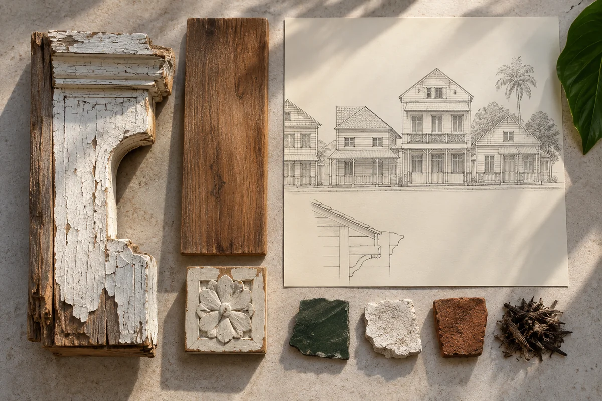 Suriname: a tabletop material and section study exploring timber townscapes & street rhythm.
