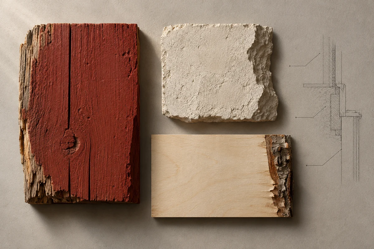 Sweden: an overhead material and section study of falu red painted timber, light birch & stucco.