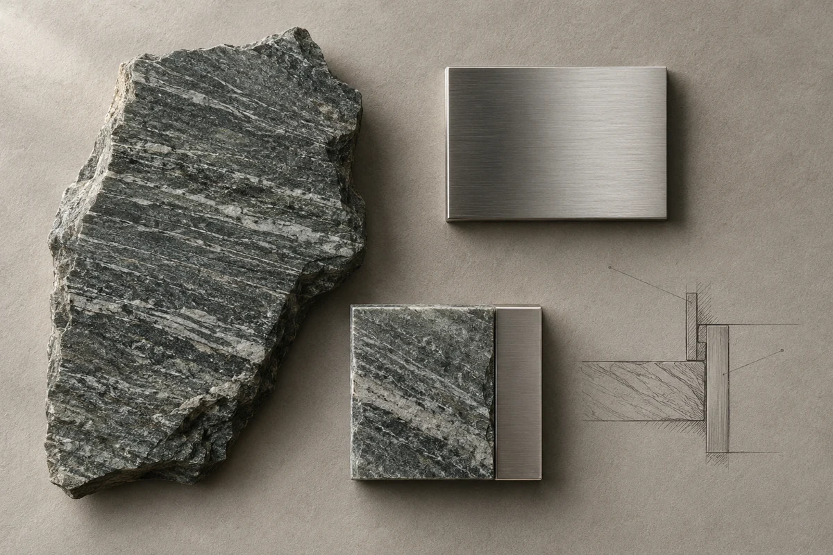 Switzerland: an overhead material and section study of valser quartzite stone & brushed stainless steel.