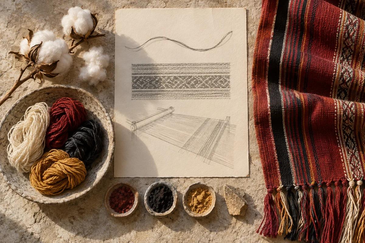 Timor-Leste: a tabletop material and section study exploring tais cotton & dyed threads.