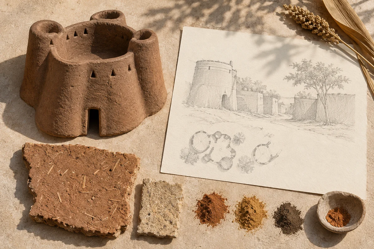 Togo: a tabletop material and section study exploring earthen tower-houses & village space.
