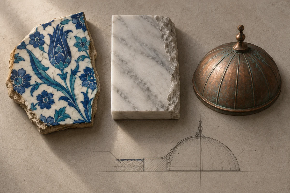 Türkiye: an overhead material and section study of i̇znik ceramic tile, marmara marble & copper domes.
