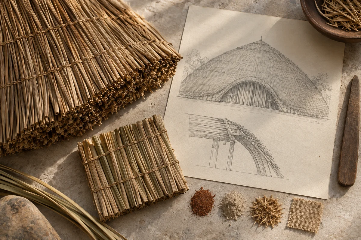 Uganda: a tabletop material and section study exploring thatch, reeds & royal enclosure.