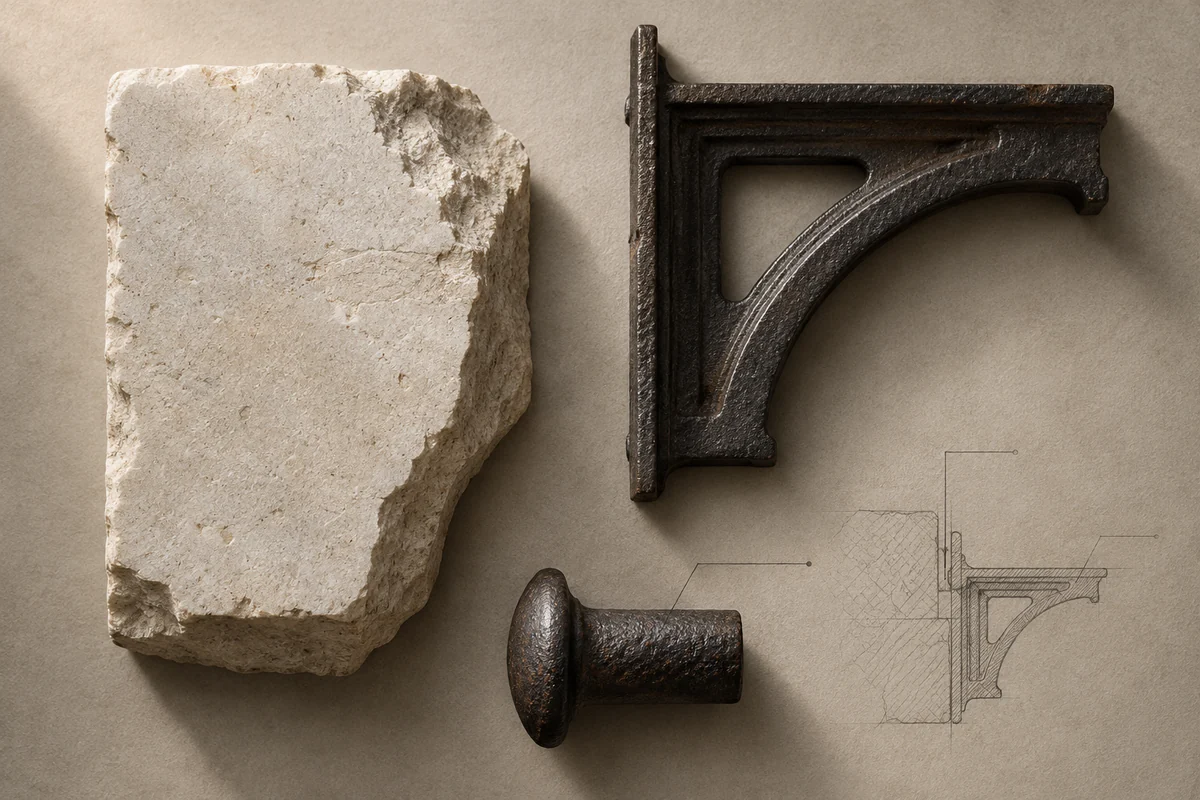 United Kingdom: an overhead material and section study of portland stone & cast iron.
