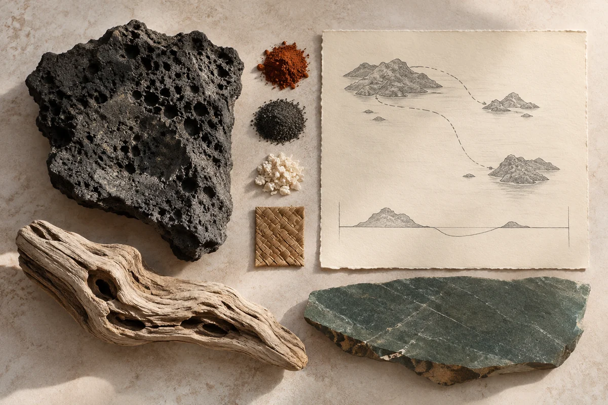 Vanuatu: a tabletop material and section study exploring island routes & remembered places.