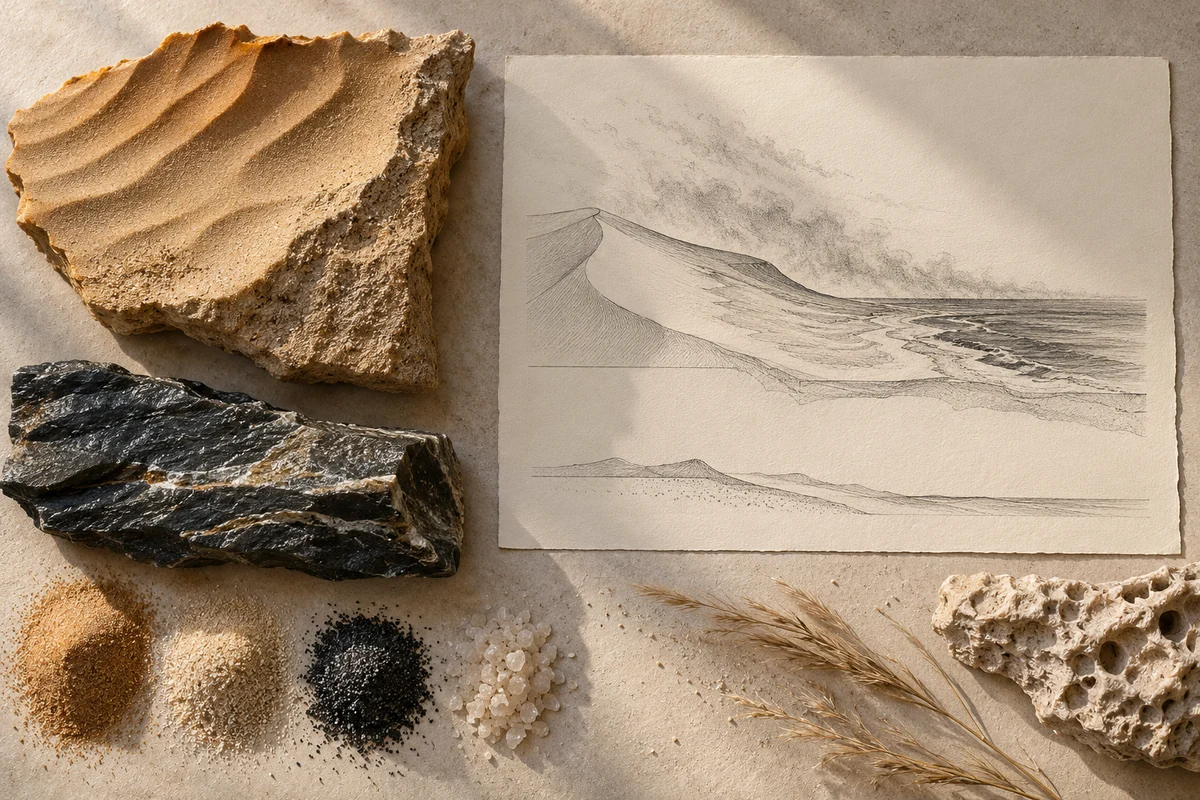 Western Sahara: a tabletop material and section study exploring windblown sand & atlantic edges.