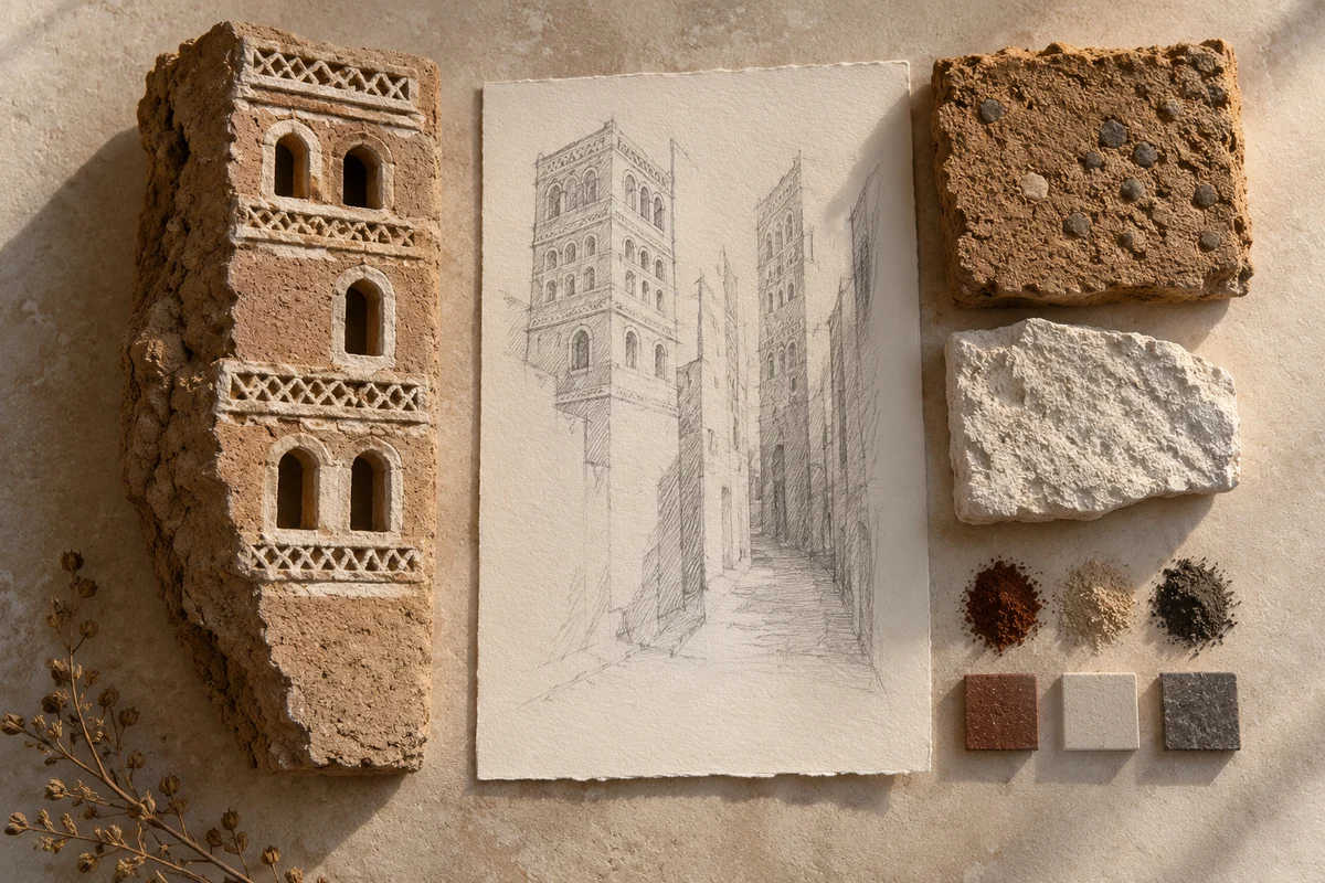 Yemen: a tabletop material and section study exploring earthen tower-houses & dense streets.
