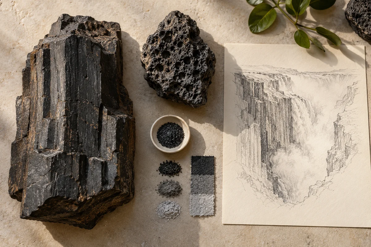 Zambia: a tabletop material and section study exploring basalt gorges & suspended water.