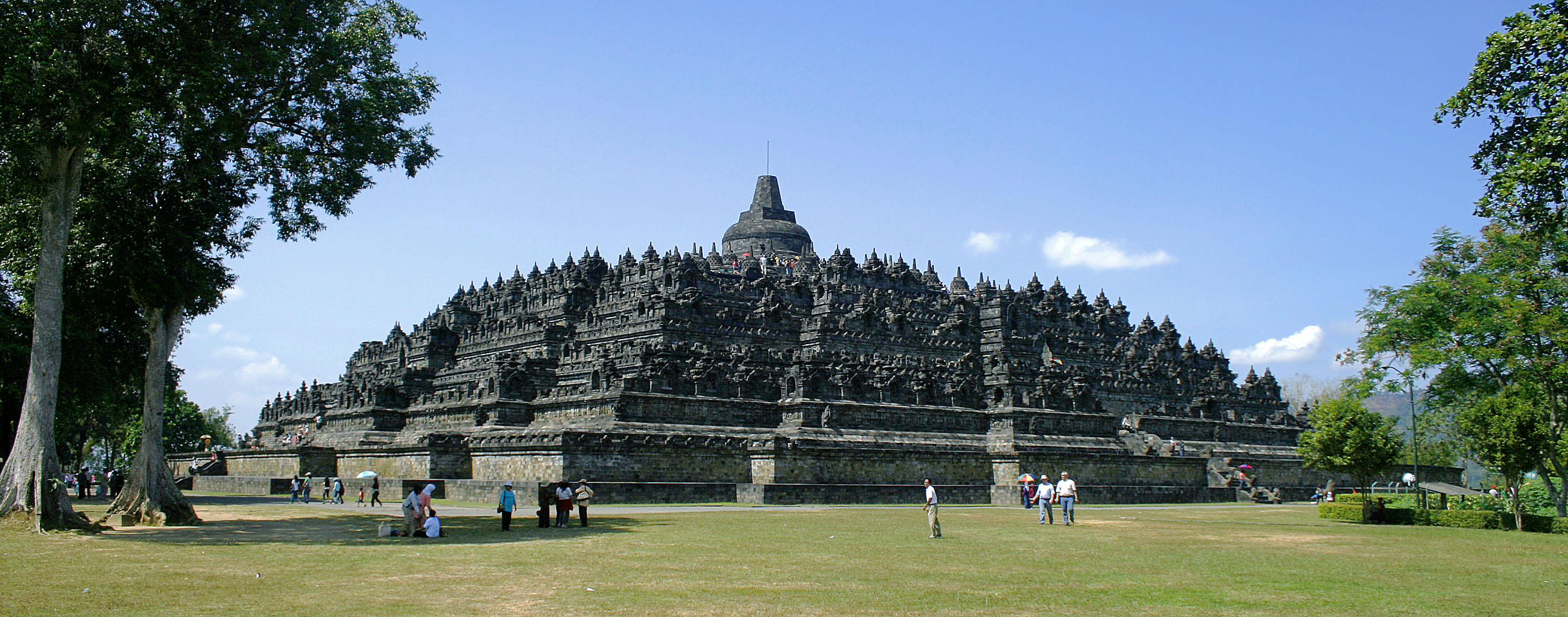 Borobudur temple terraces seen across a grassy foreground.