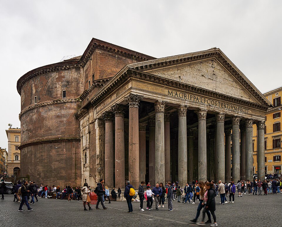 The Pantheon portico with stone columns and a triangular pediment.
